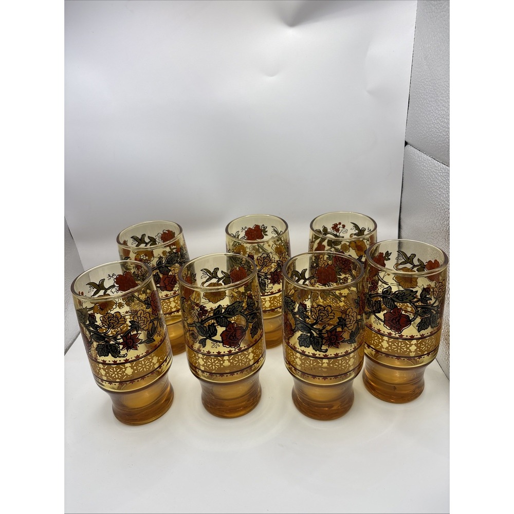 Vintage Amber Color Glass‎ Flower Drinking Glasses Set Of 7